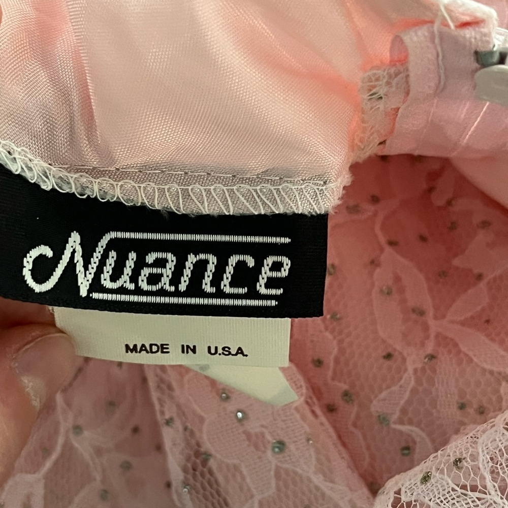 Nuance x Vintage 80s Cinderella Pink Tiered Asymmetrical Lace Rhinestone Dress - Picture 12 of 13
